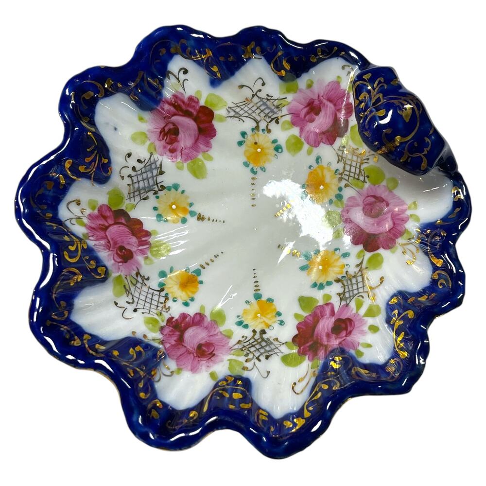 Vintage Porcelain Floral Shell Dish Cobalt Blue Gold Candy Trinket Bowl